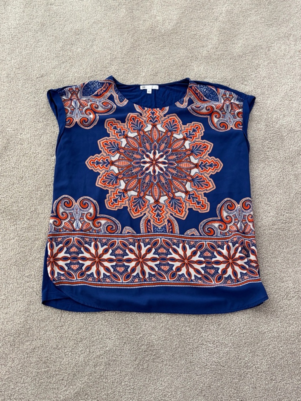 DR2 Navy Blue Cap Sleeve Top with Orange & White Medallion Print